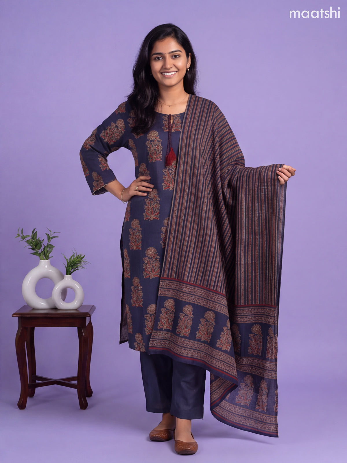 Navy Blue Cotton Floral Printed Straight Suit