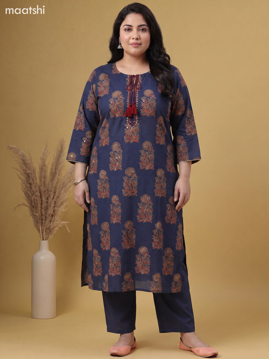 Navy Blue Cotton Floral Printed Straight Suit