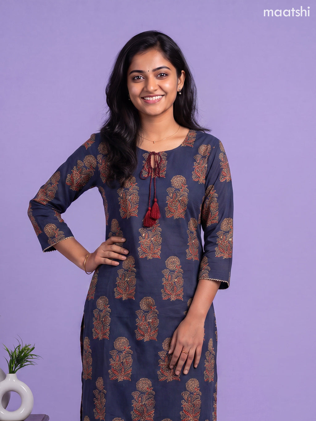 Navy Blue Cotton Floral Printed Straight Suit