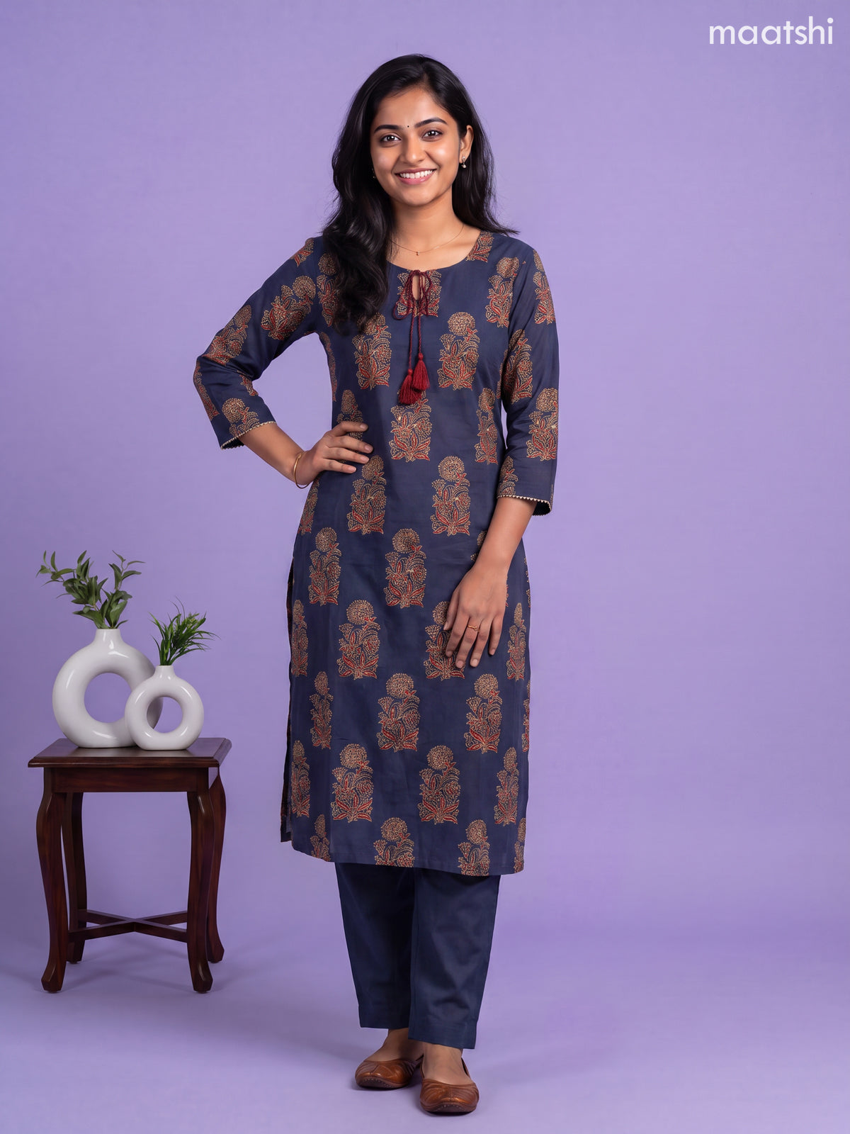 Navy Blue Cotton Floral Printed Straight Suit