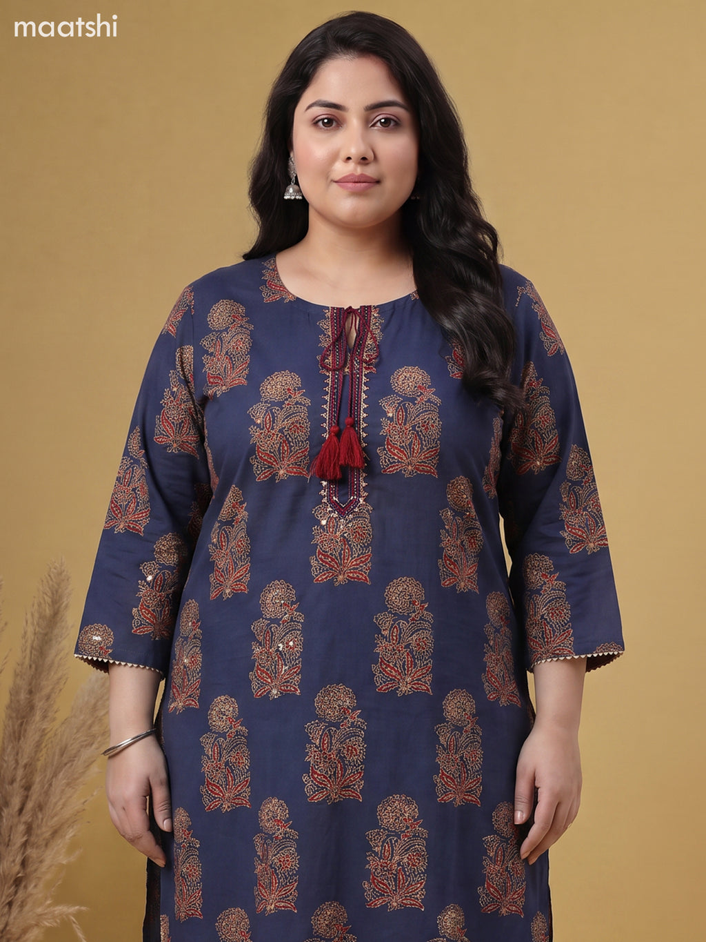 Navy Blue Cotton Floral Printed Straight Suit