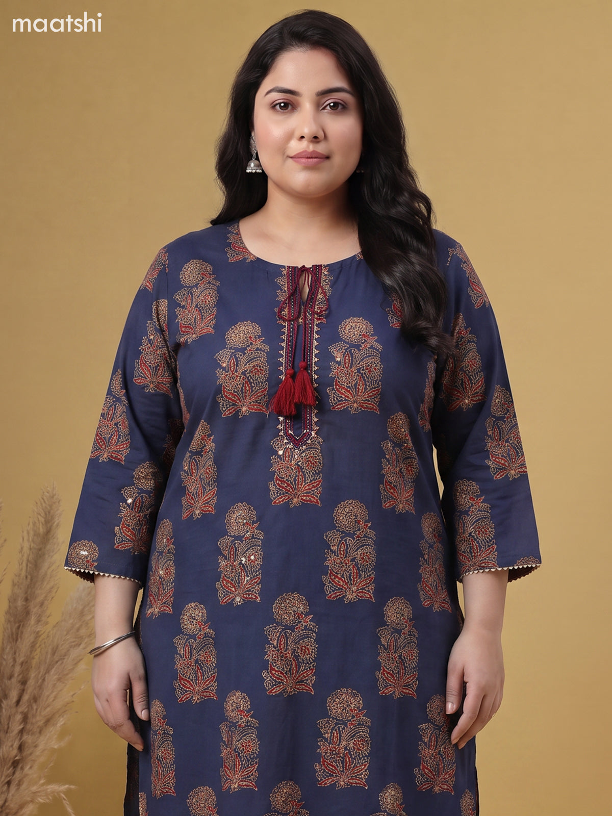 Navy Blue Cotton Floral Printed Straight Suit