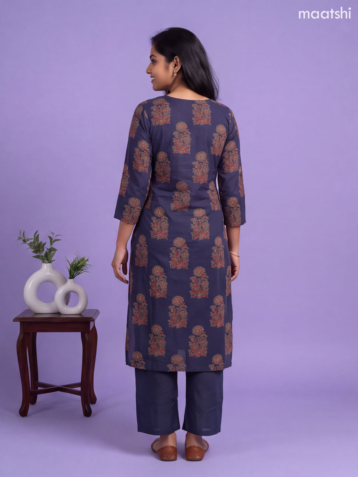 Navy Blue Cotton Floral Printed Straight Suit