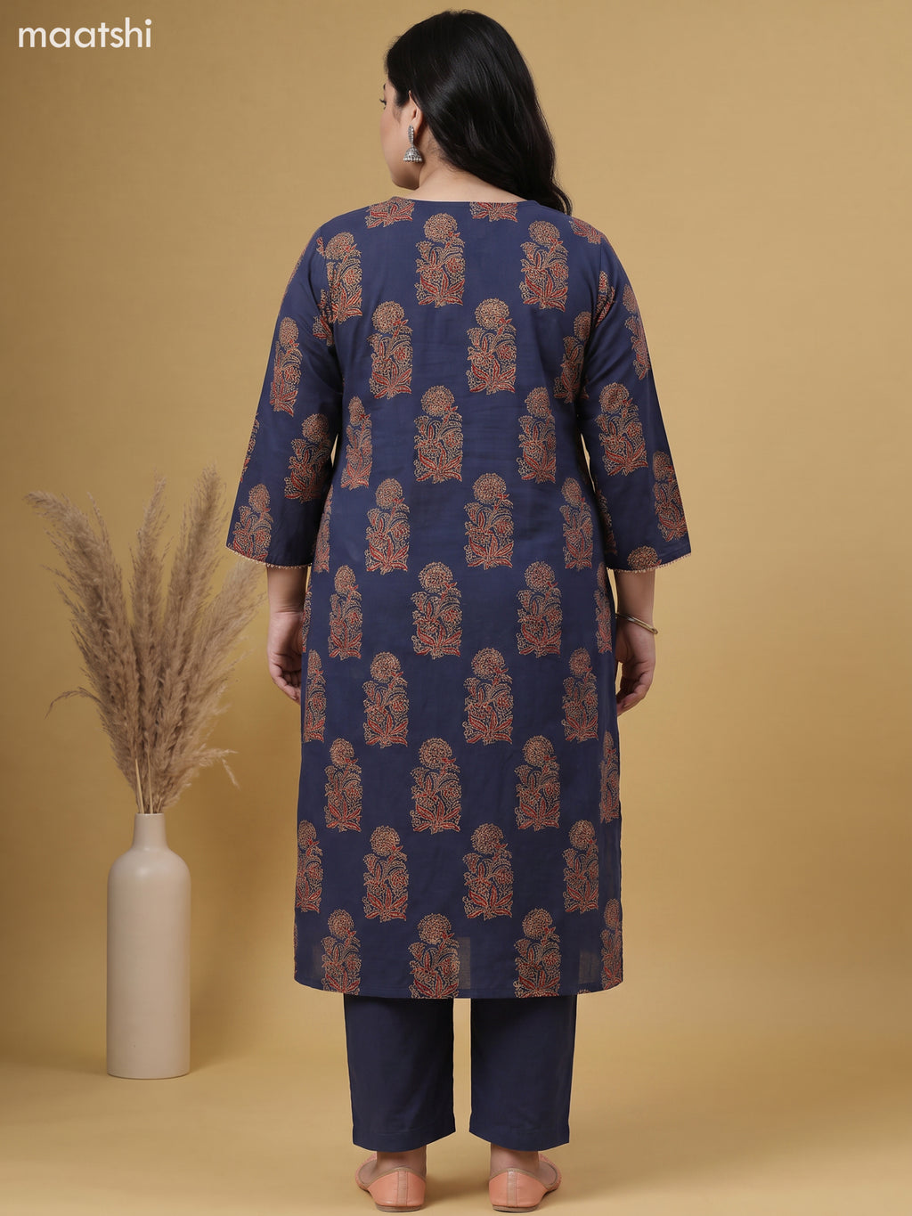Navy Blue Cotton Floral Printed Straight Suit