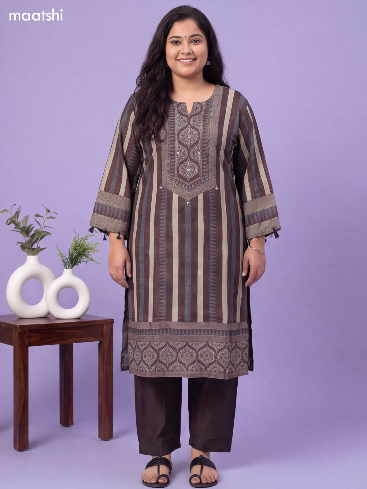 Brown and Cream Muslin Printed & Embroidery Work Salwar Suit