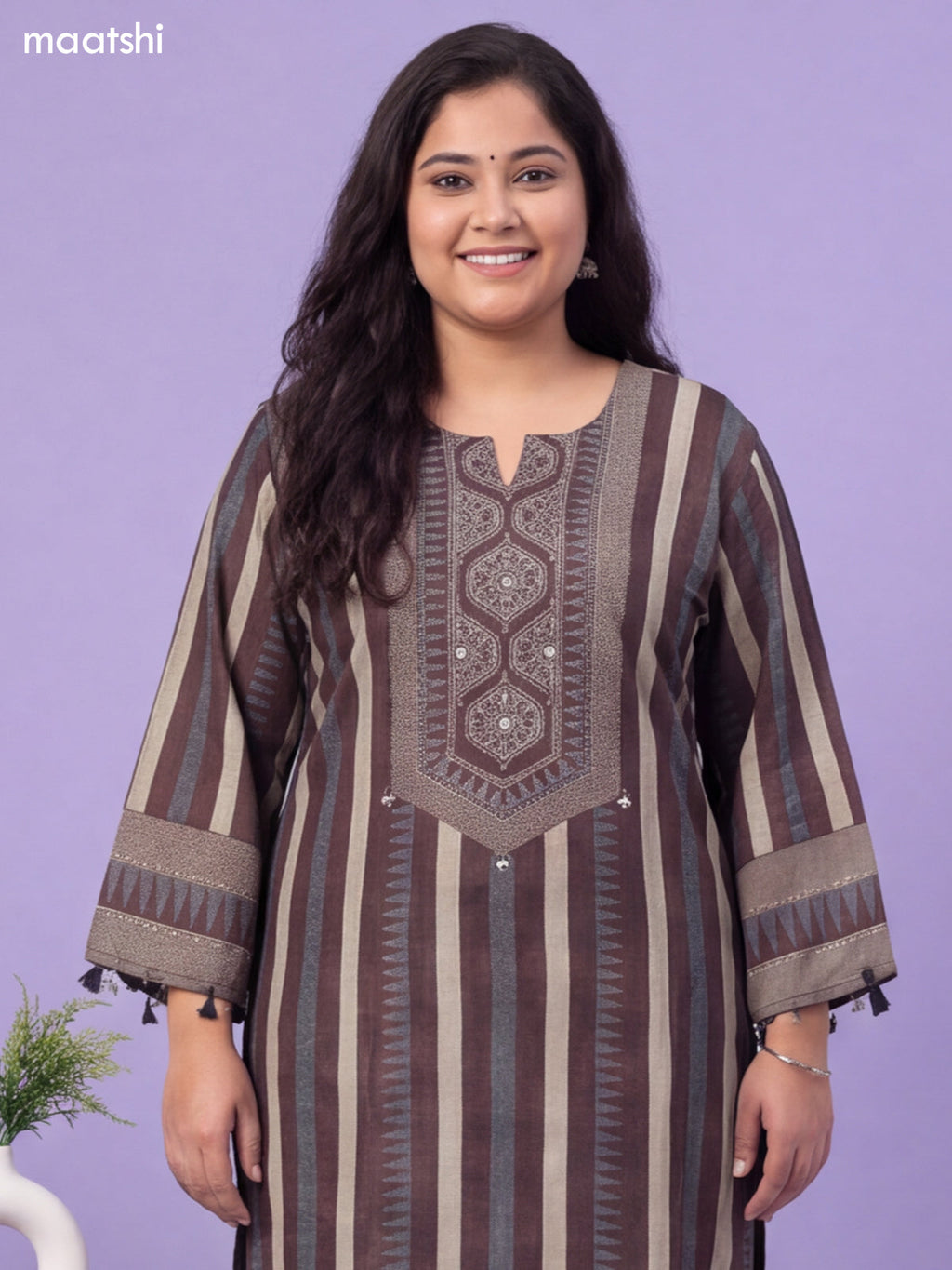 Brown and Cream Muslin Printed & Embroidery Work Salwar Suit