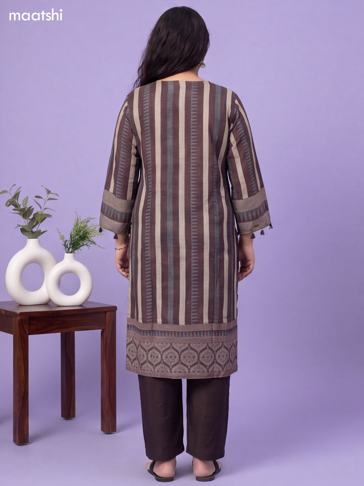 Brown and Cream Muslin Printed & Embroidery Work Salwar Suit