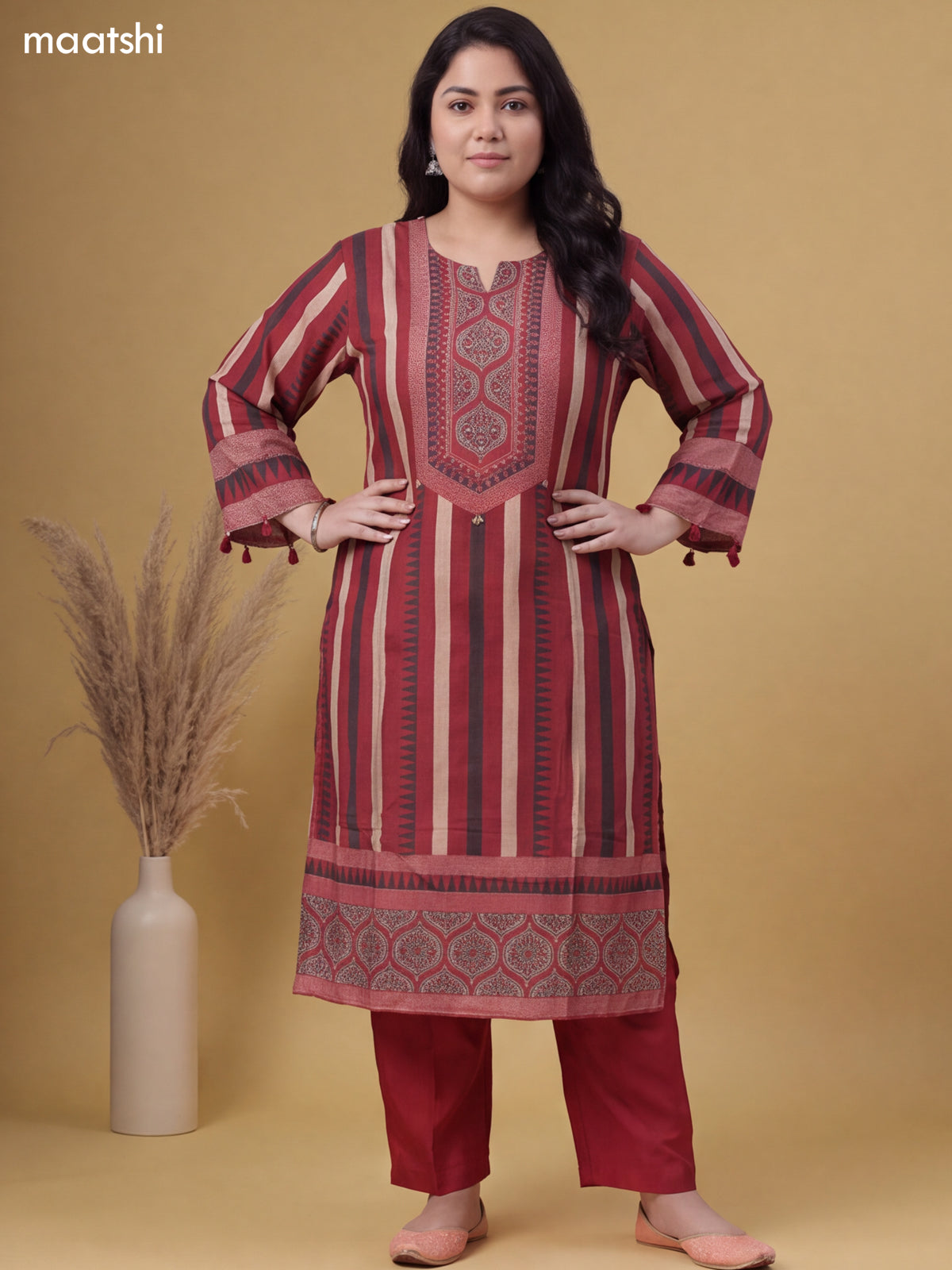 Maroon Muslin Printed & Embroidery Work Salwar Suit