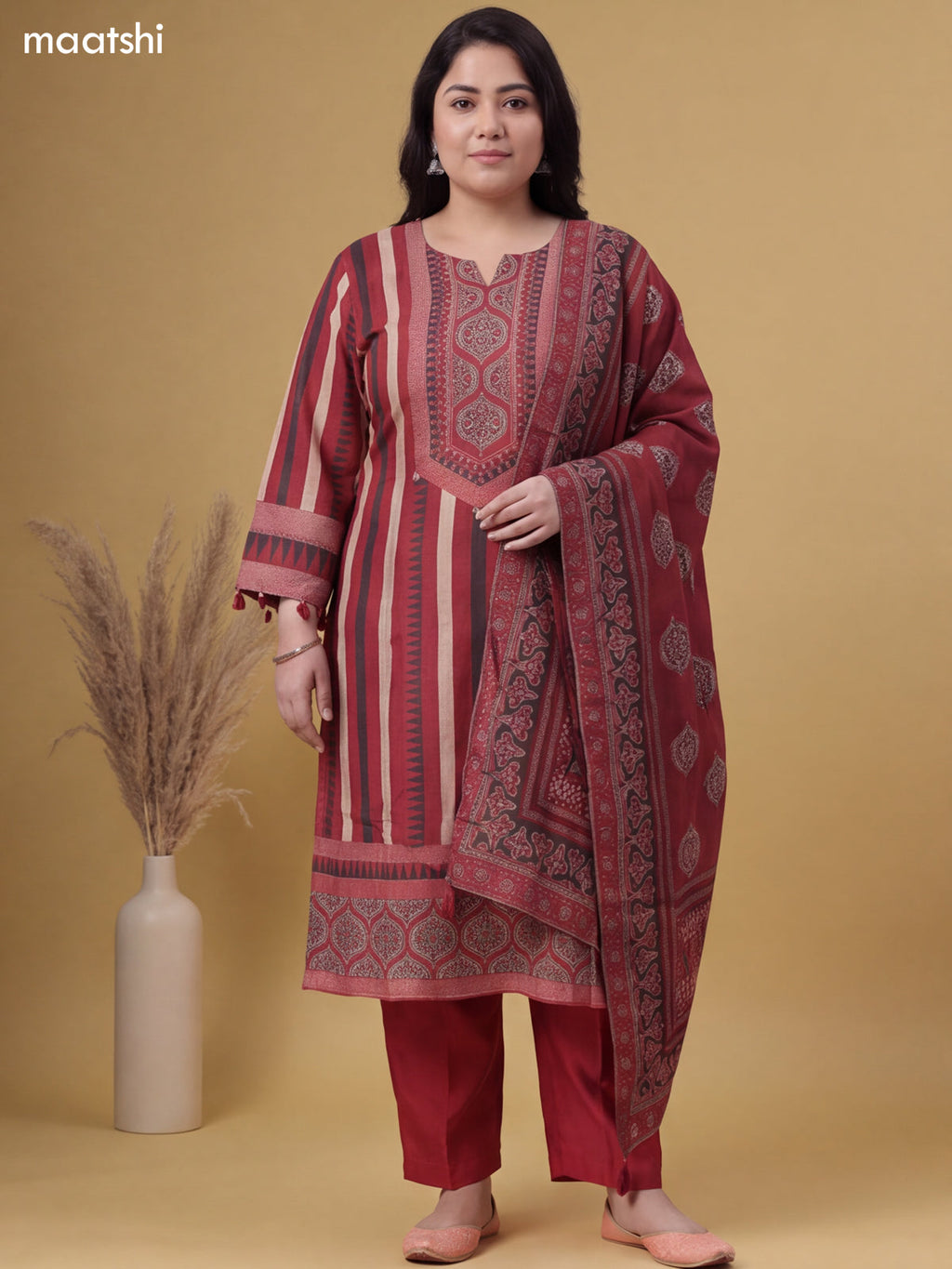 Maroon Muslin Printed & Embroidery Work Salwar Suit