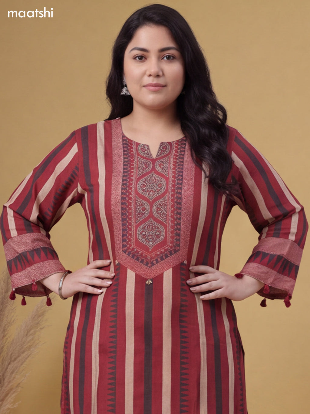 Maroon Muslin Printed & Embroidery Work Salwar Suit