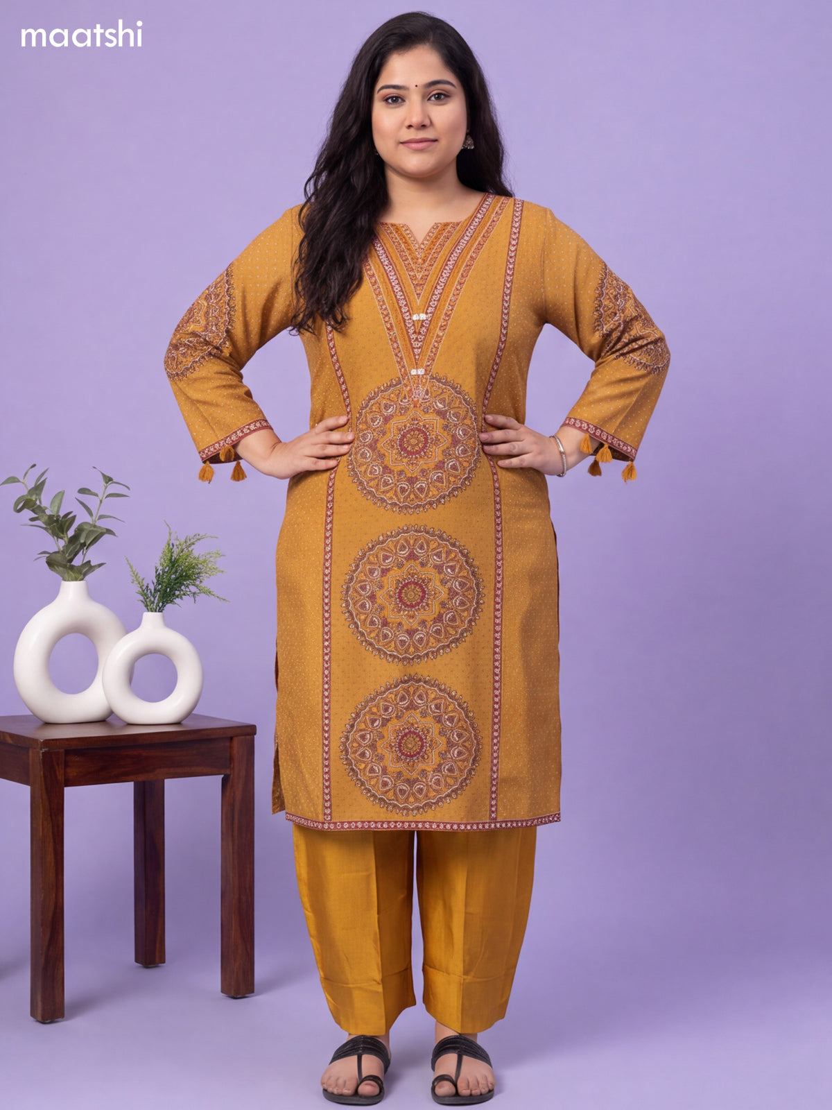 Mustard Yellow Muslin Printed & Embroidery Work Salwar Suit