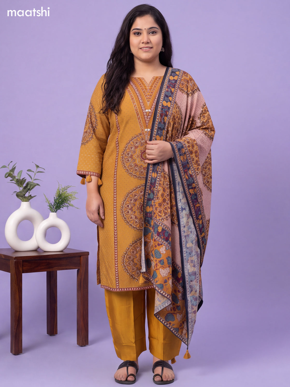 Mustard Yellow Muslin Printed & Embroidery Work Salwar Suit