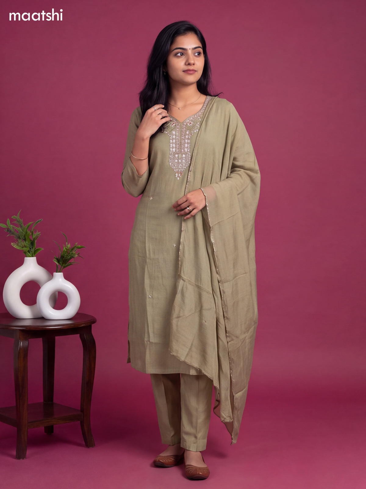 Green Chanderi Embroidery Work Salwar Suit