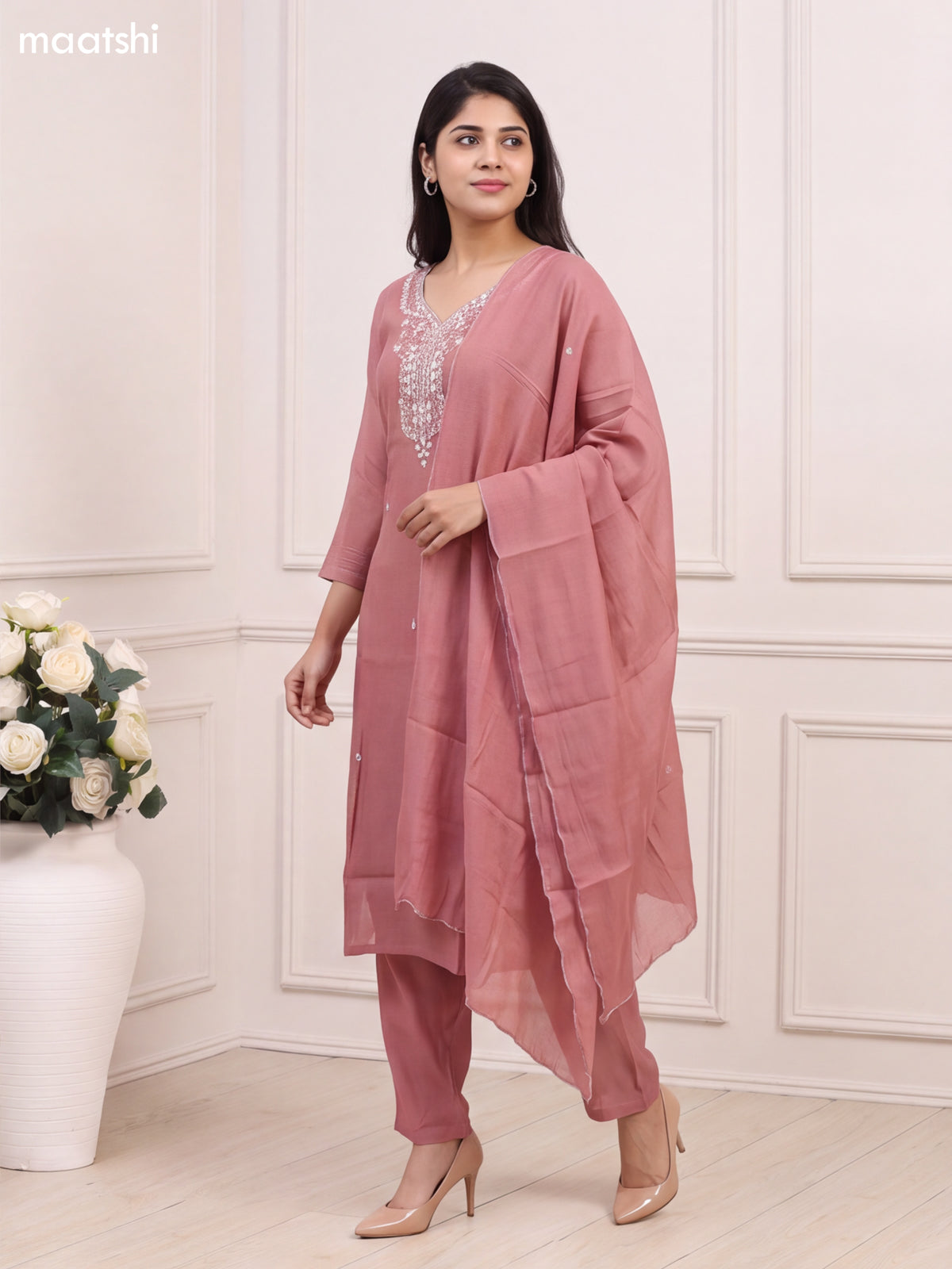 Dark Peach Chanderi Heavy Embroidery Work Neck Pattern Straight Suit