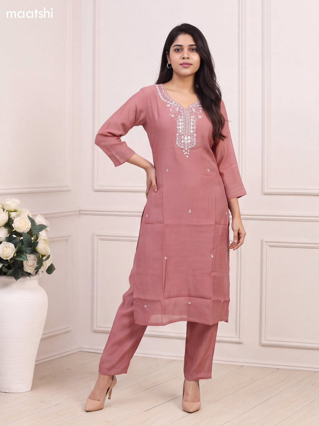 Dark Peach Chanderi Heavy Embroidery Work Neck Pattern Straight Suit