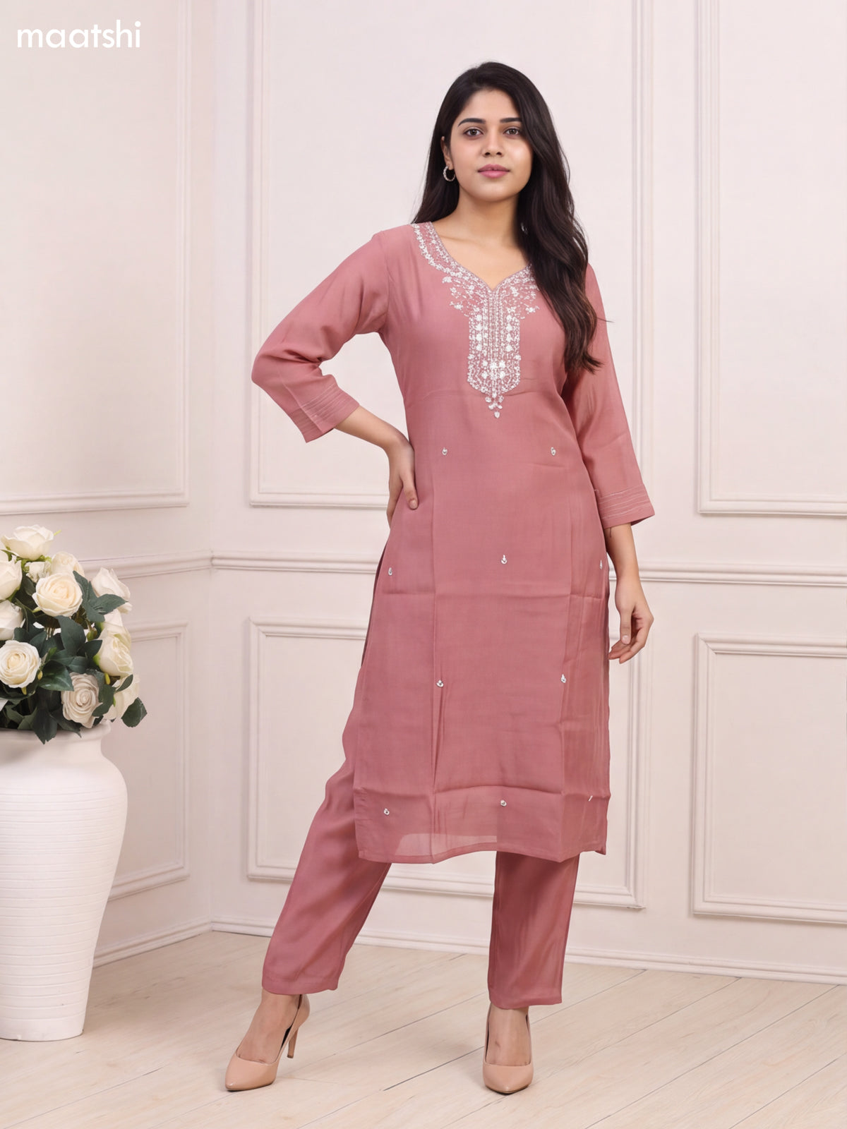 Dark Peach Chanderi Heavy Embroidery Work Neck Pattern Straight Suit