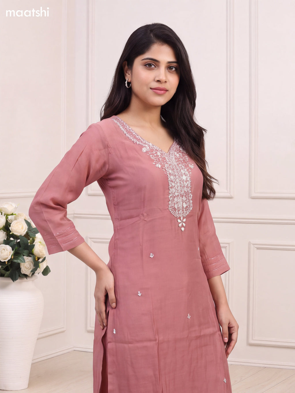 Dark Peach Chanderi Heavy Embroidery Work Neck Pattern Straight Suit