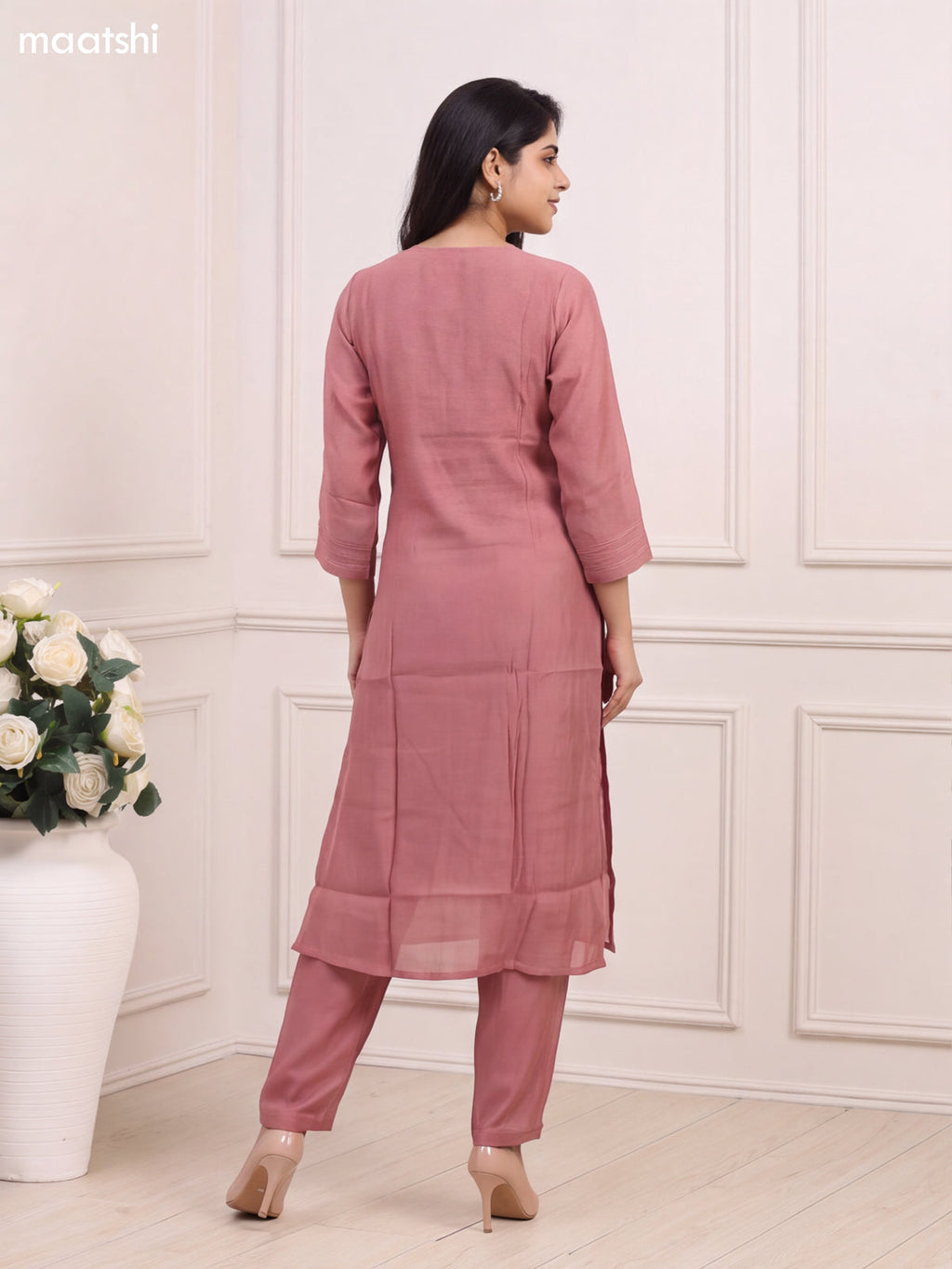 Dark Peach Chanderi Heavy Embroidery Work Neck Pattern Straight Suit