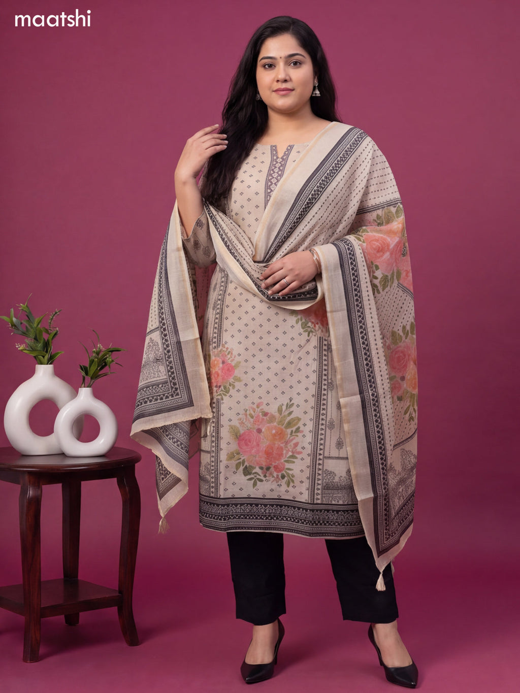 Biege and Black Art Tussar Butta Prints & Simple Embroidery Work Neck Pattern Straight Suit