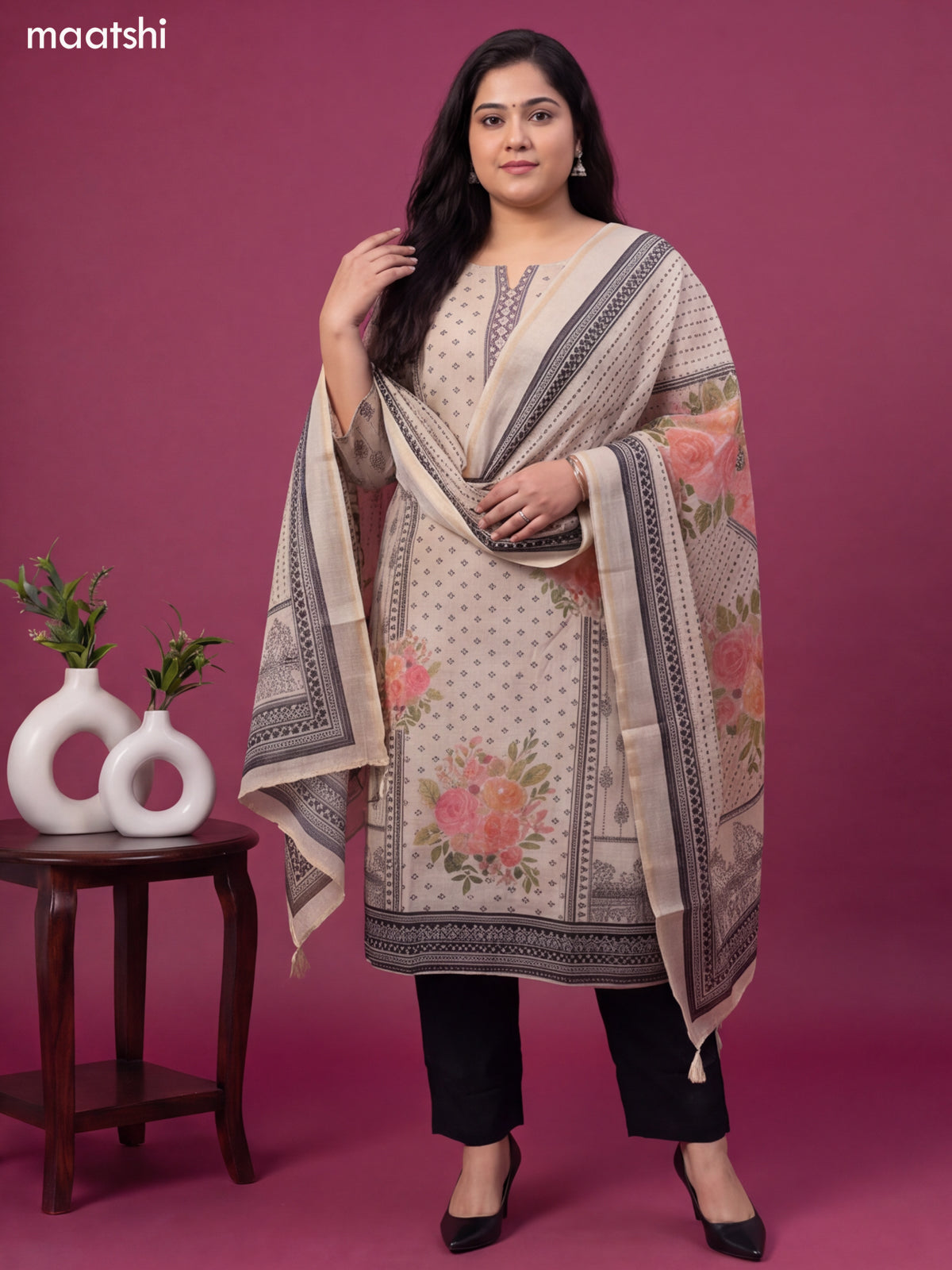 Biege and Black Art Tussar Butta Prints & Simple Embroidery Work Neck Pattern Straight Suit