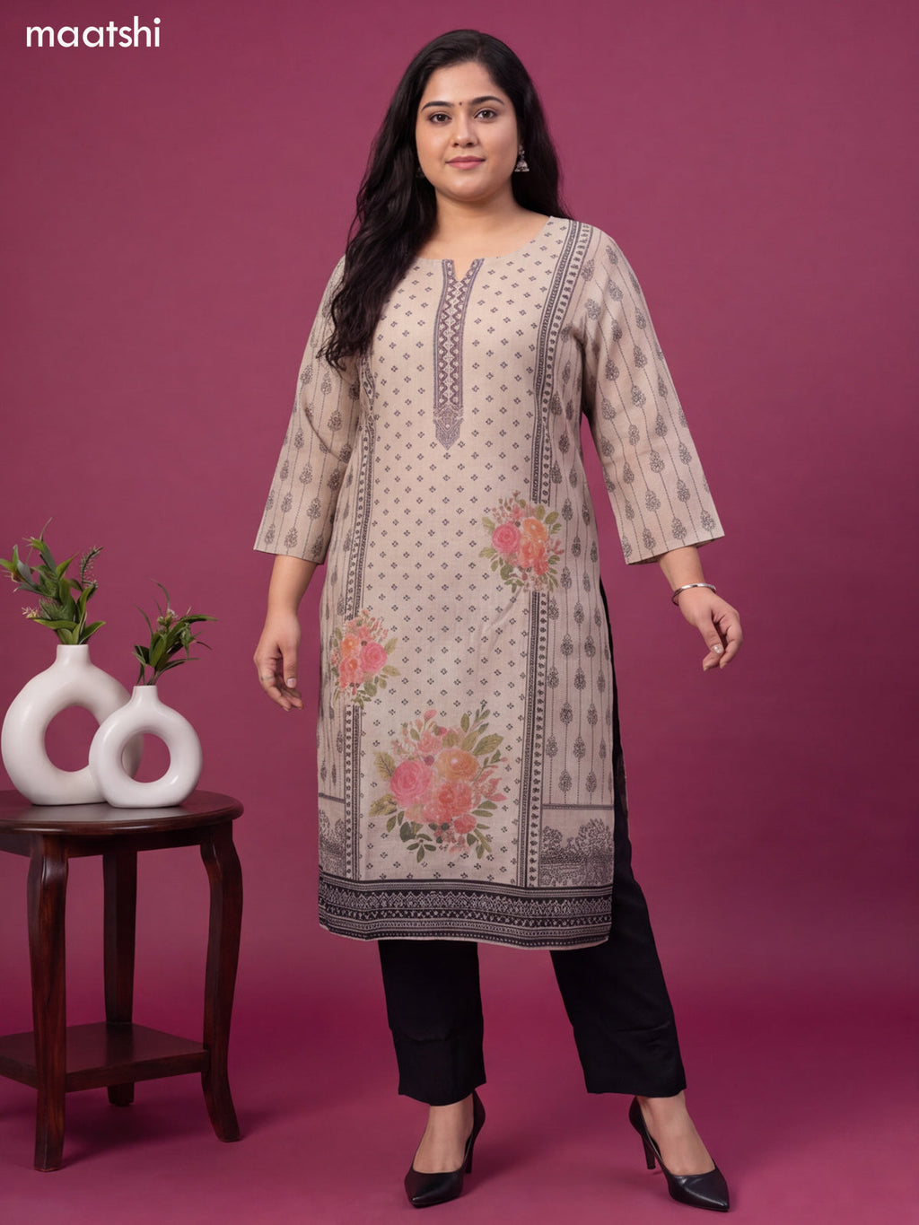 Biege and Black Art Tussar Butta Prints & Simple Embroidery Work Neck Pattern Straight Suit