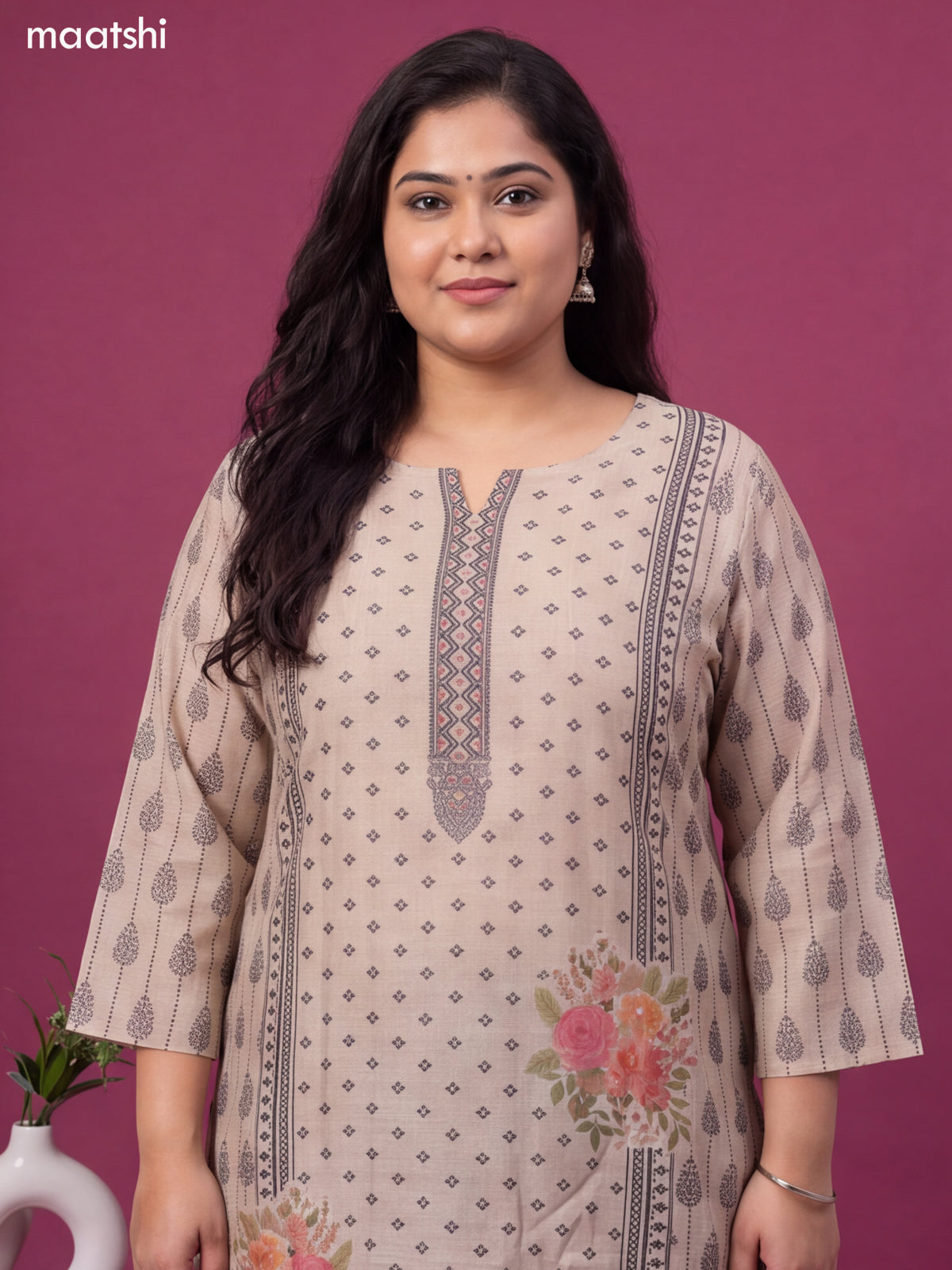 Biege and Black Art Tussar Butta Prints & Simple Embroidery Work Neck Pattern Straight Suit