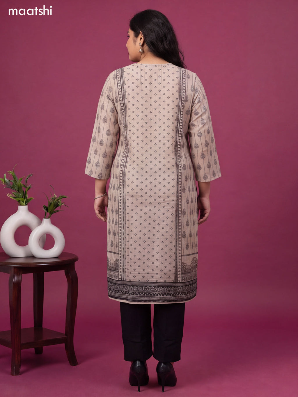 Biege and Black Art Tussar Butta Prints & Simple Embroidery Work Neck Pattern Straight Suit