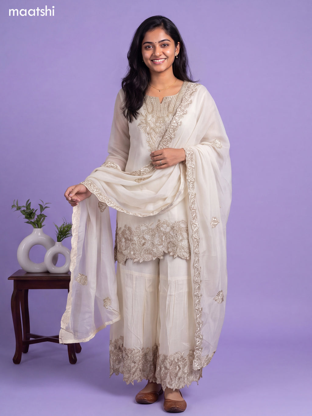 Off White Art Silk Embroidery Work Short Straight Suit