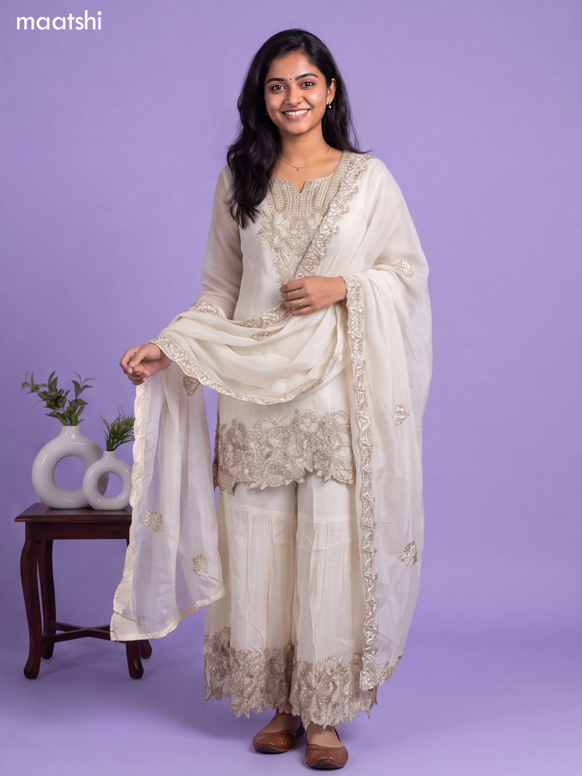 Off White Art Silk Embroidery Work Short Straight Suit