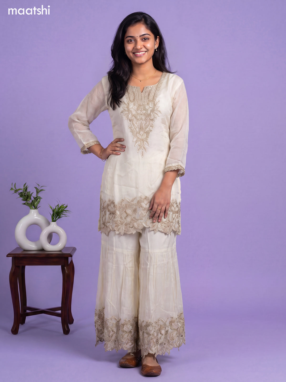 Off White Art Silk Embroidery Work Short Straight Suit