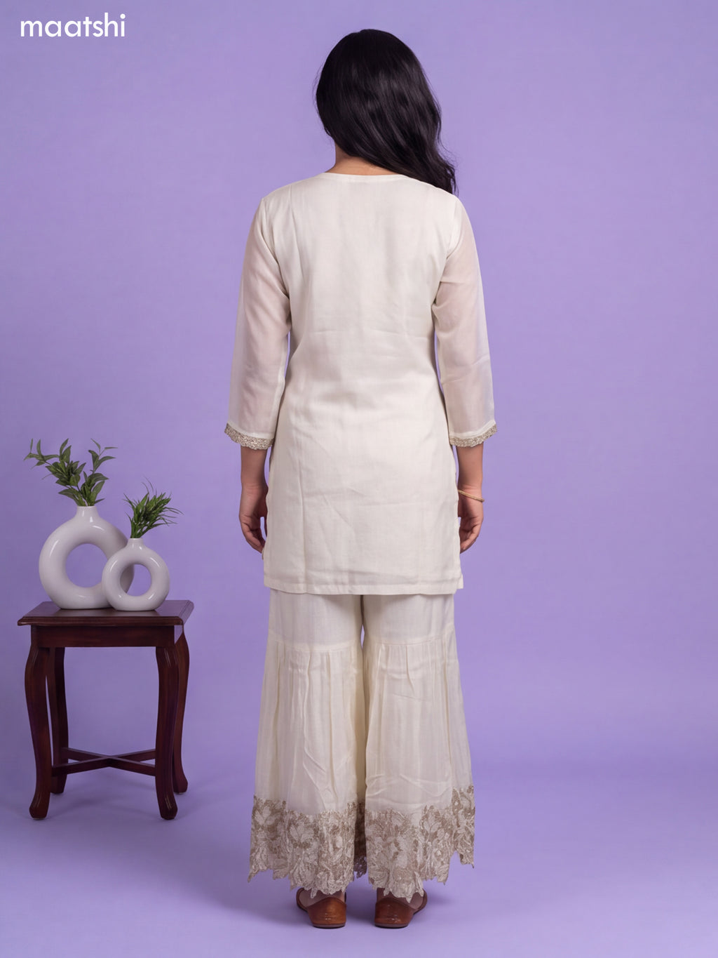 Off White Art Silk Embroidery Work Short Straight Suit