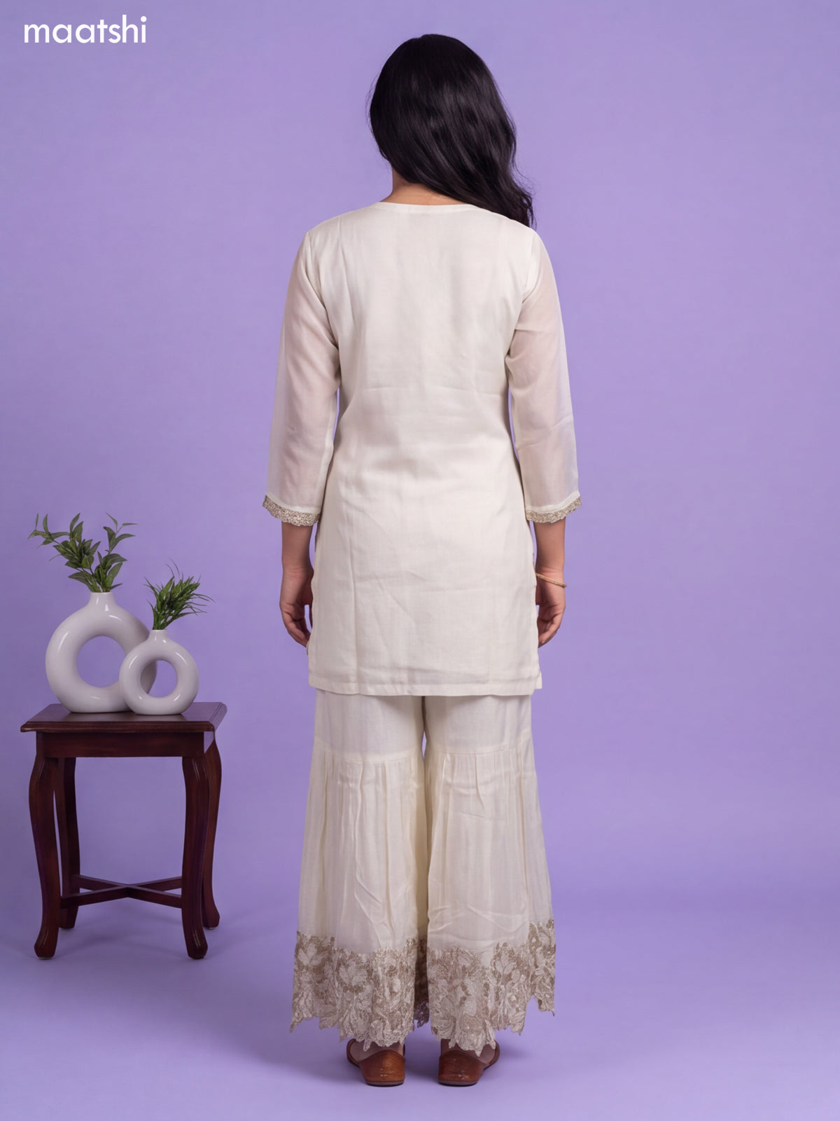 Off White Art Silk Embroidery Work Short Straight Suit
