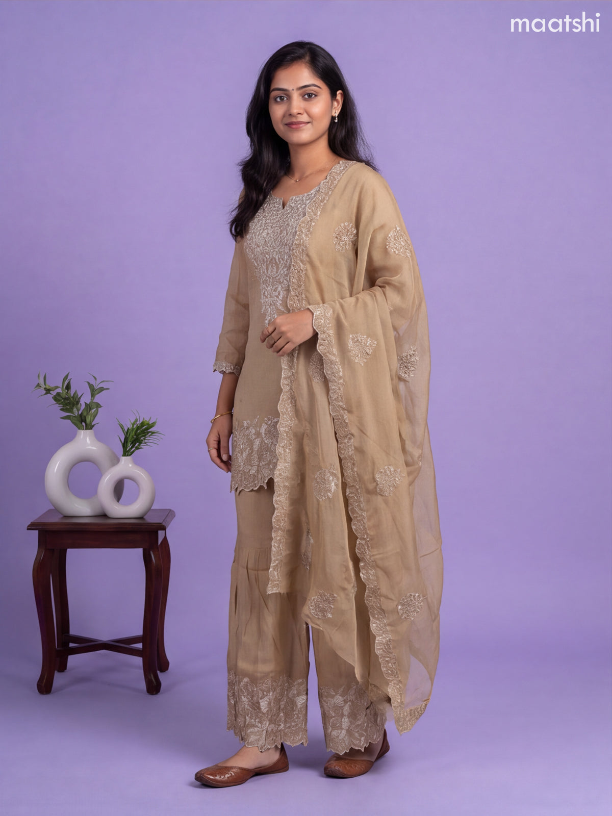 Beige Art Silk Embroidery Work Anarkali Suit