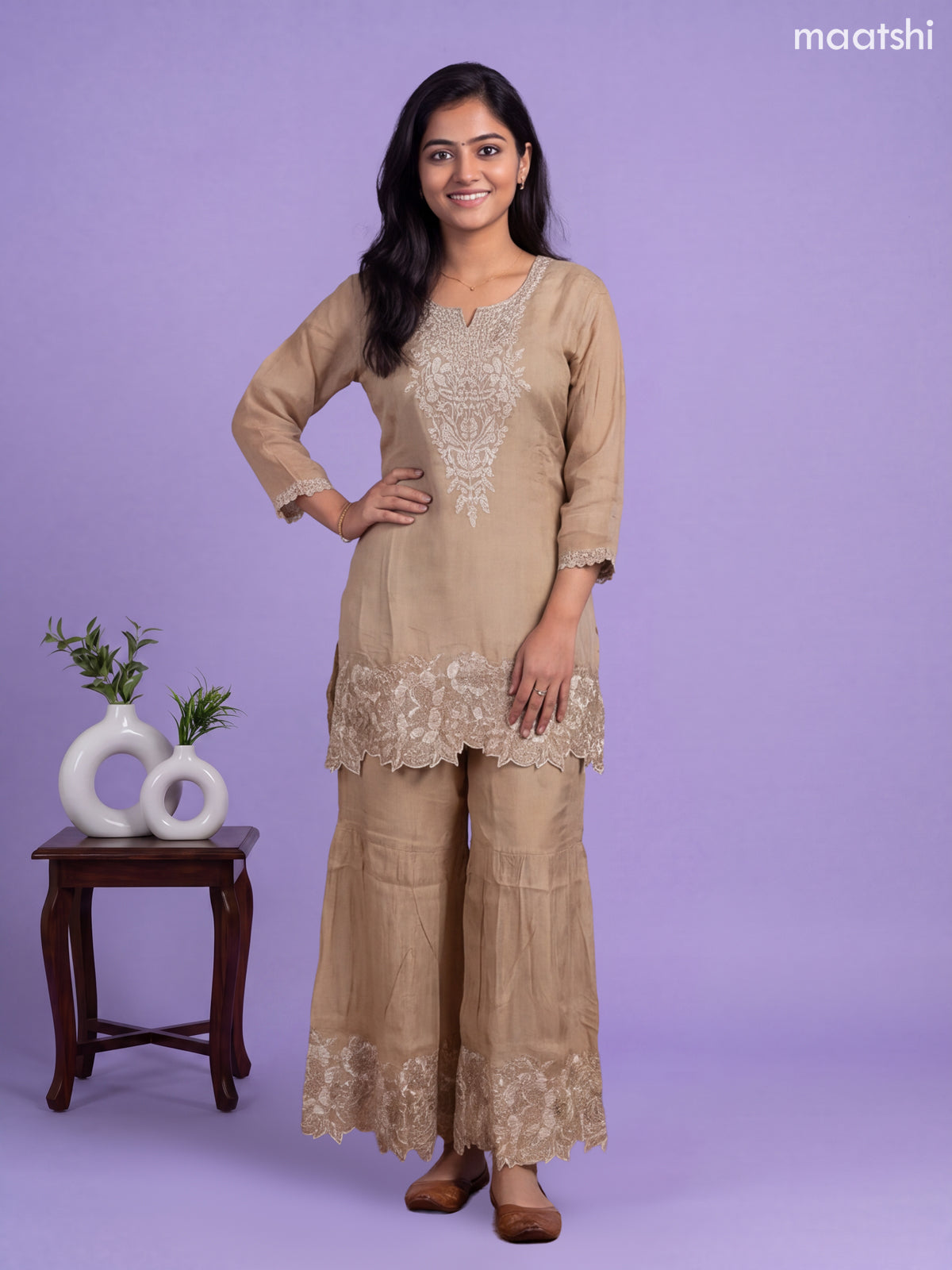 Beige Art Silk Embroidery Work Anarkali Suit