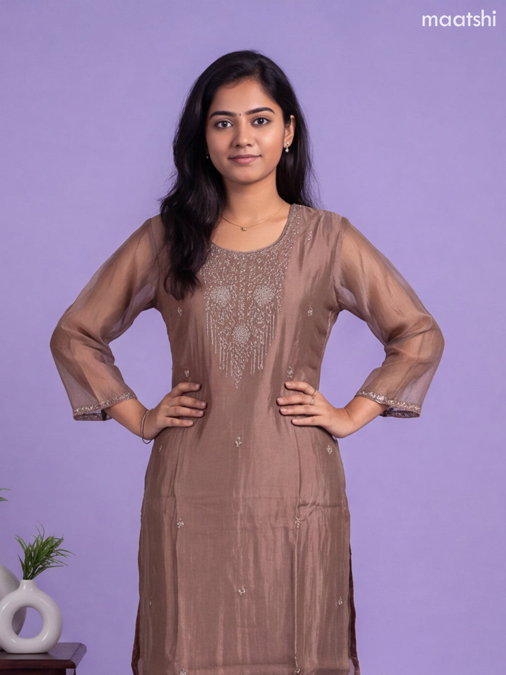 Pastel Brown Tissue Embroidery Work Straight Suit