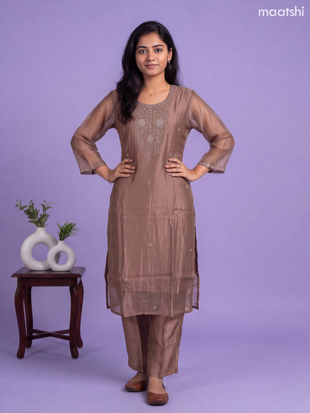 Pastel Brown Tissue Embroidery Work Straight Suit