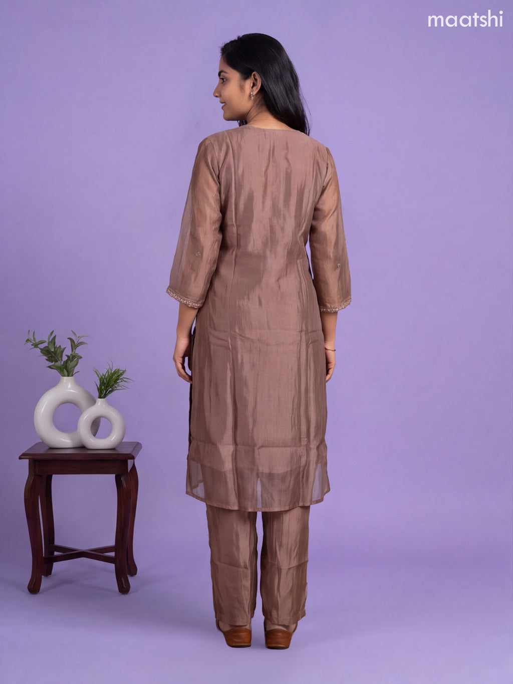 Pastel Brown Tissue Embroidery Work Straight Suit