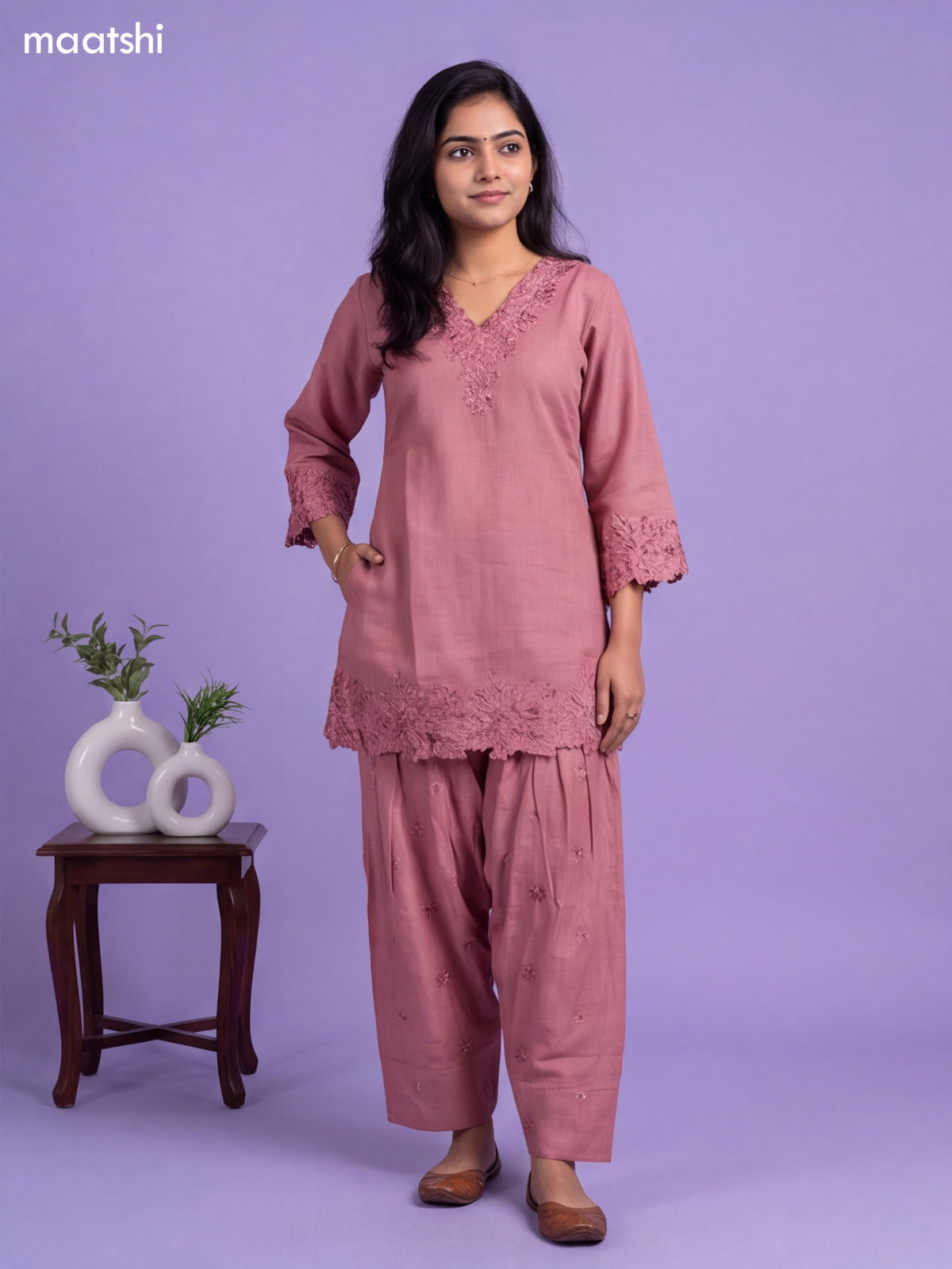 Peach Linen Cotton Embroidery Work Neck Pattern Co-Ord Set