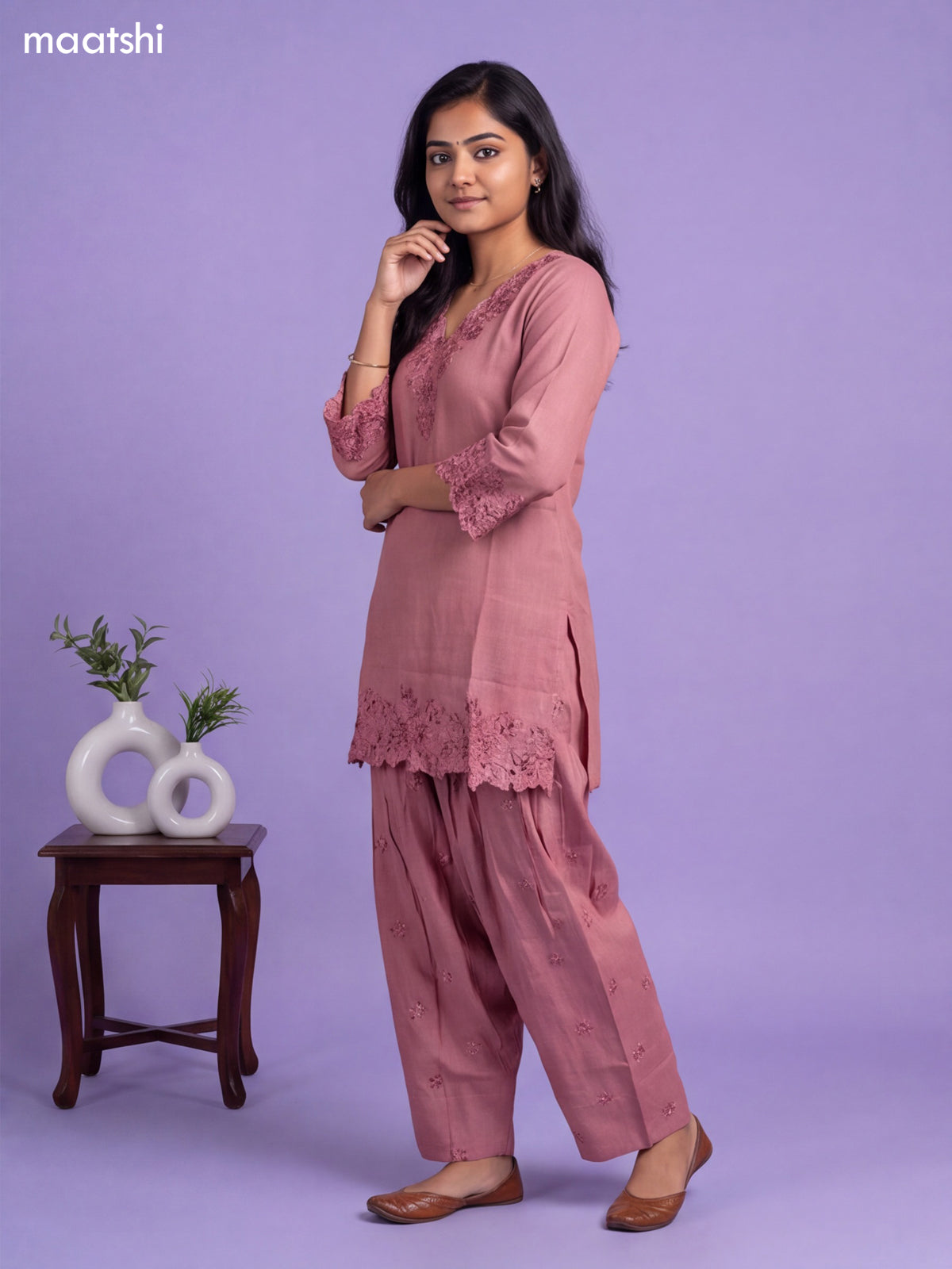 Peach Linen Cotton Embroidery Work Neck Pattern Co-Ord Set