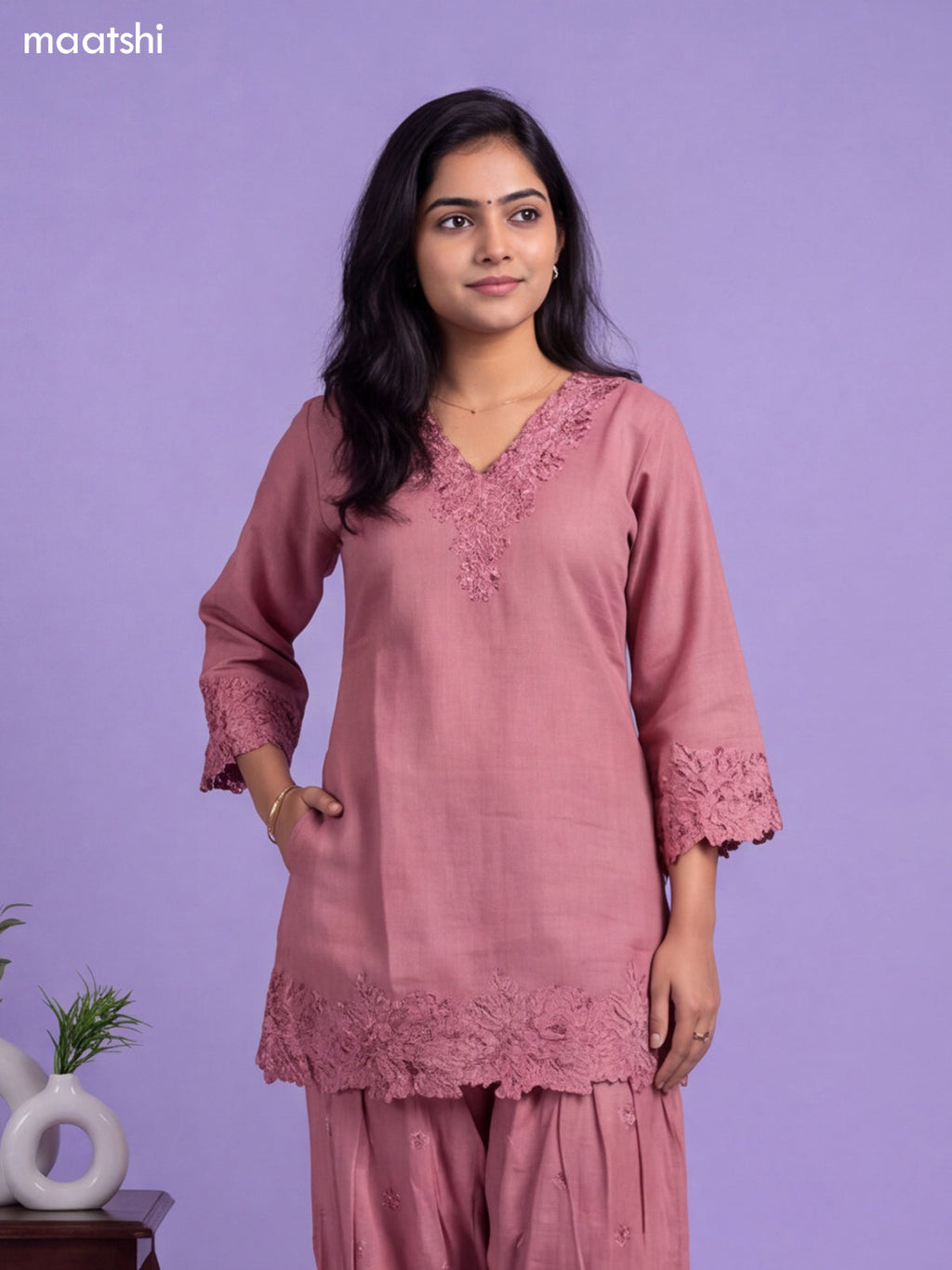Peach Linen Cotton Embroidery Work Neck Pattern Co-Ord Set