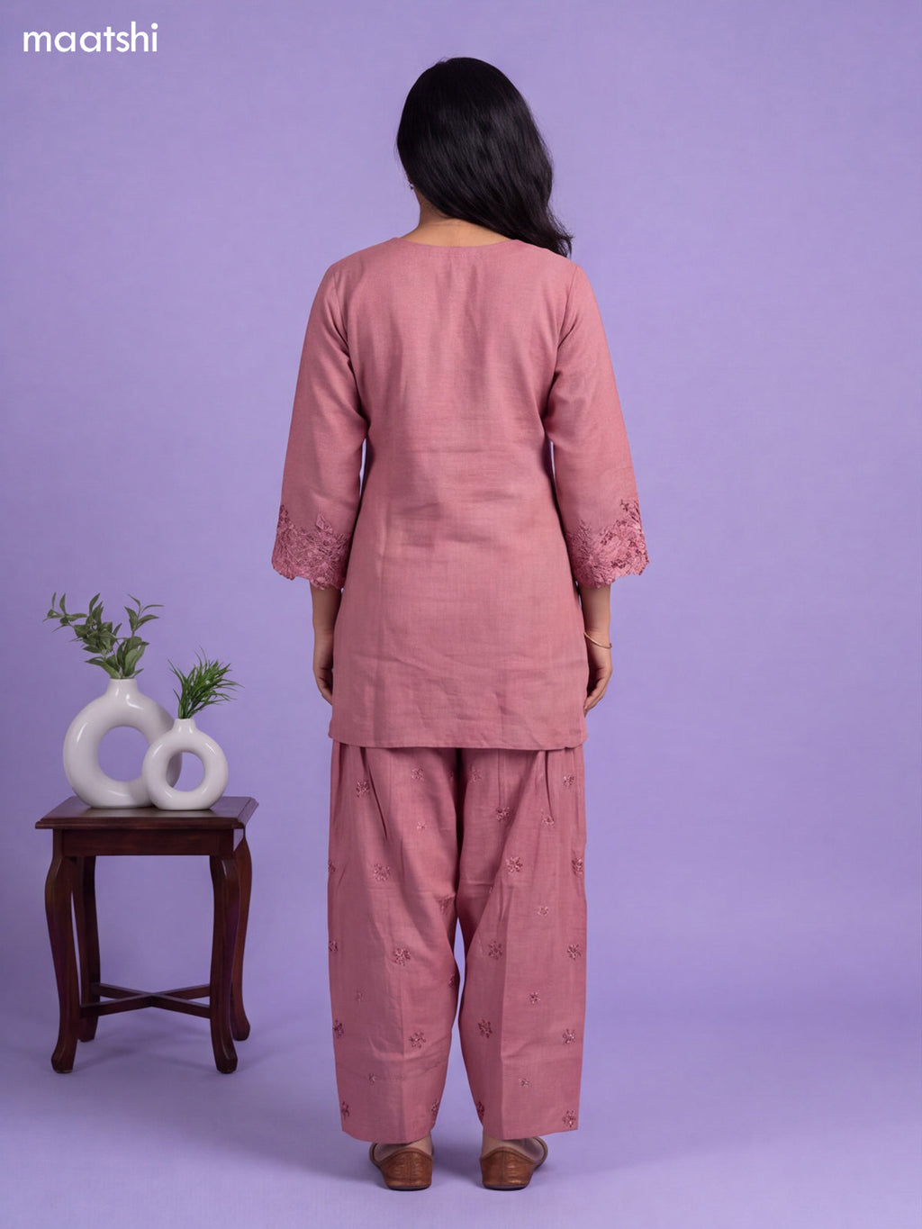 Peach Linen Cotton Embroidery Work Neck Pattern Co-Ord Set