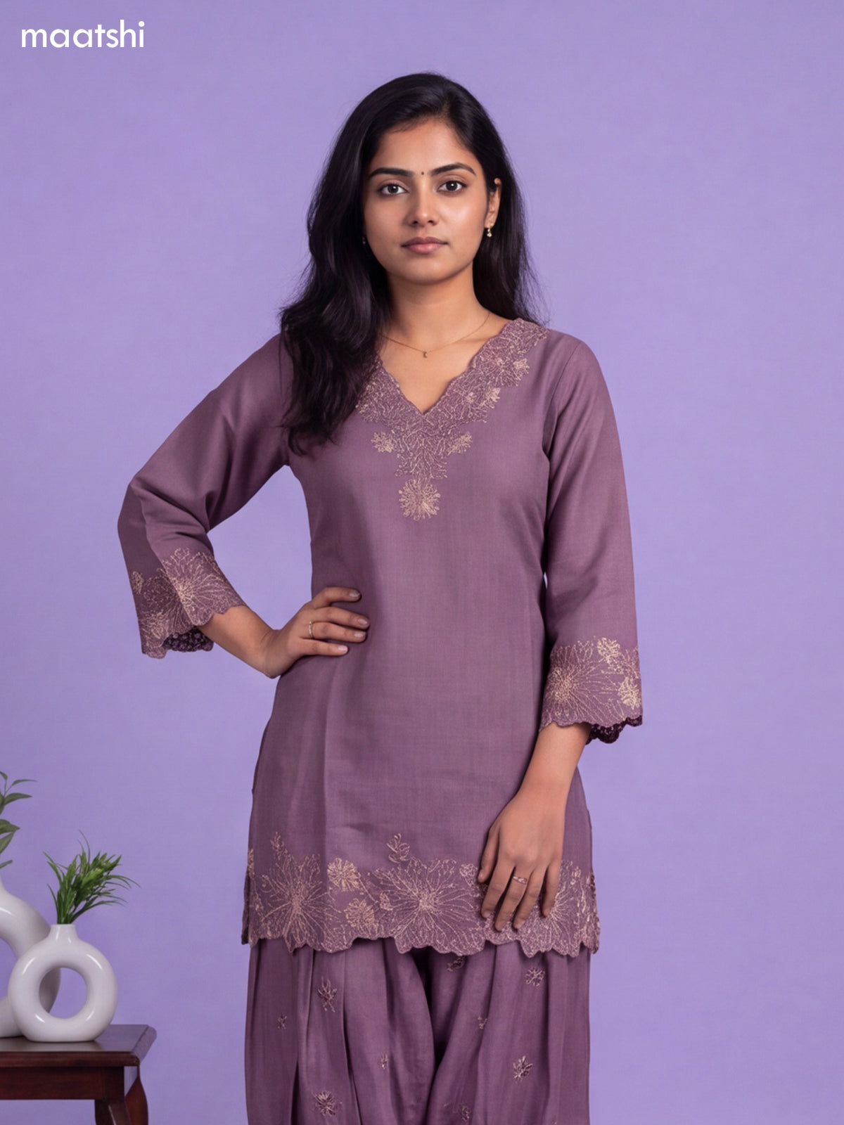 Lavender Linen Cotton Embroidery Work Neck Pattern Co-Ord Set