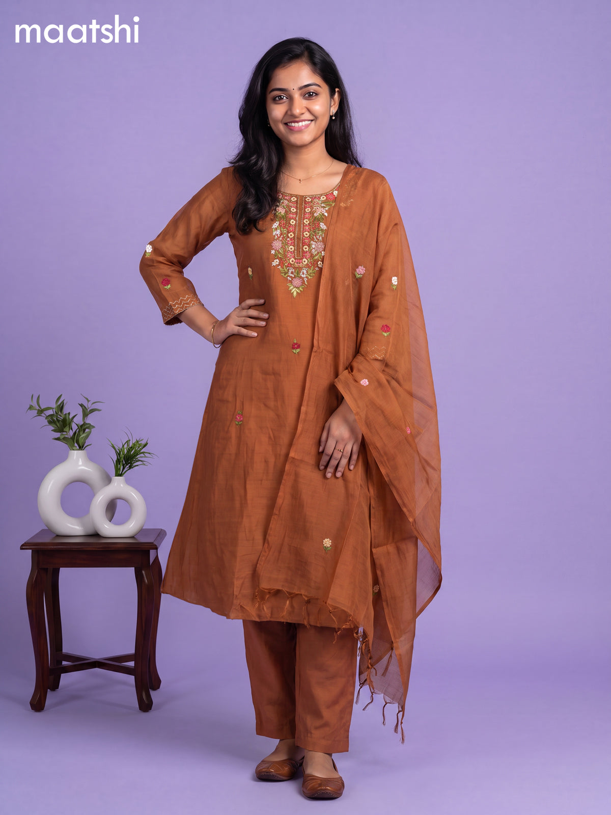 Brown Mul Chanderi Embroidery Work A-Line Suit