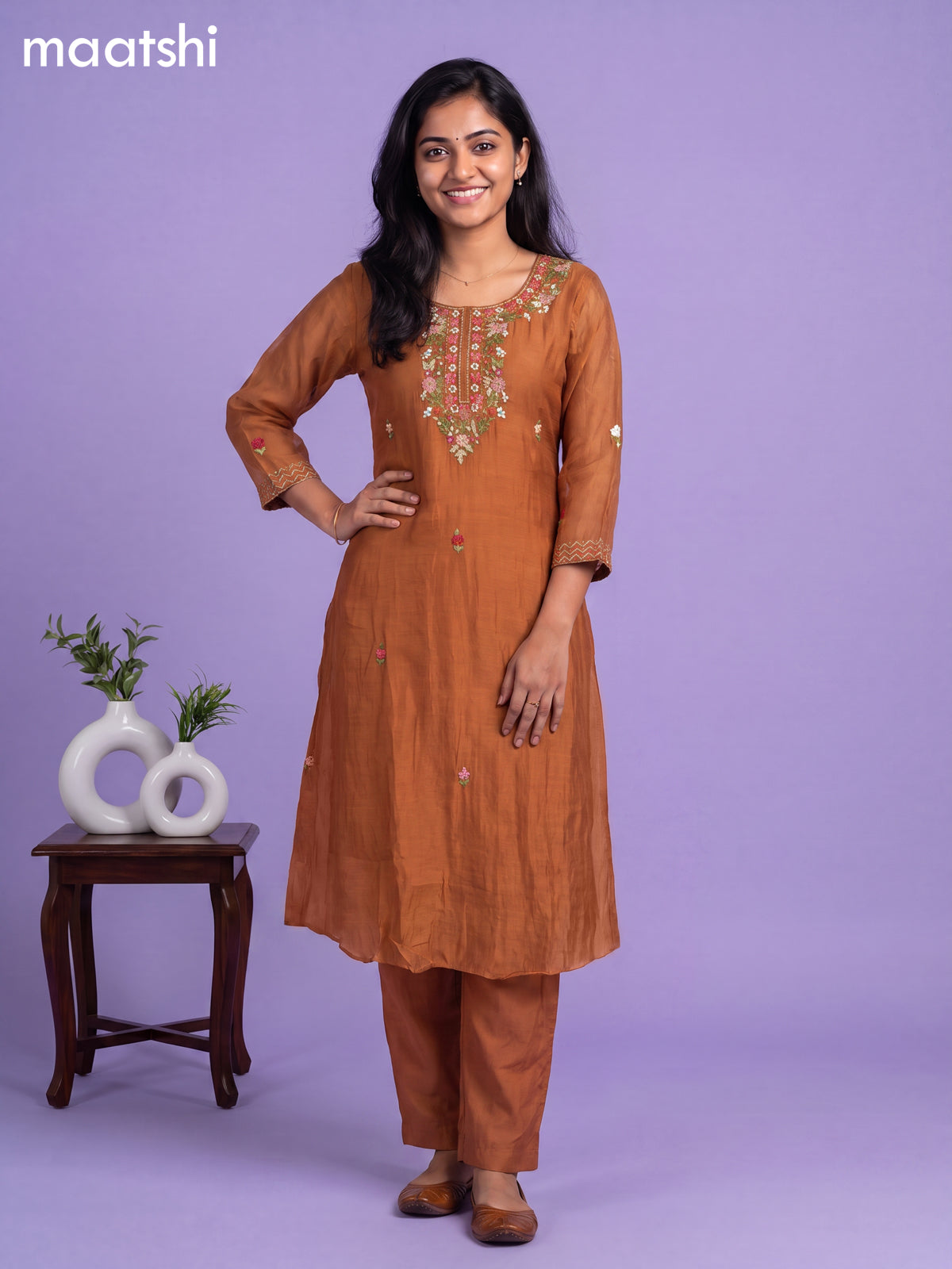 Brown Mul Chanderi Embroidery Work A-Line Suit
