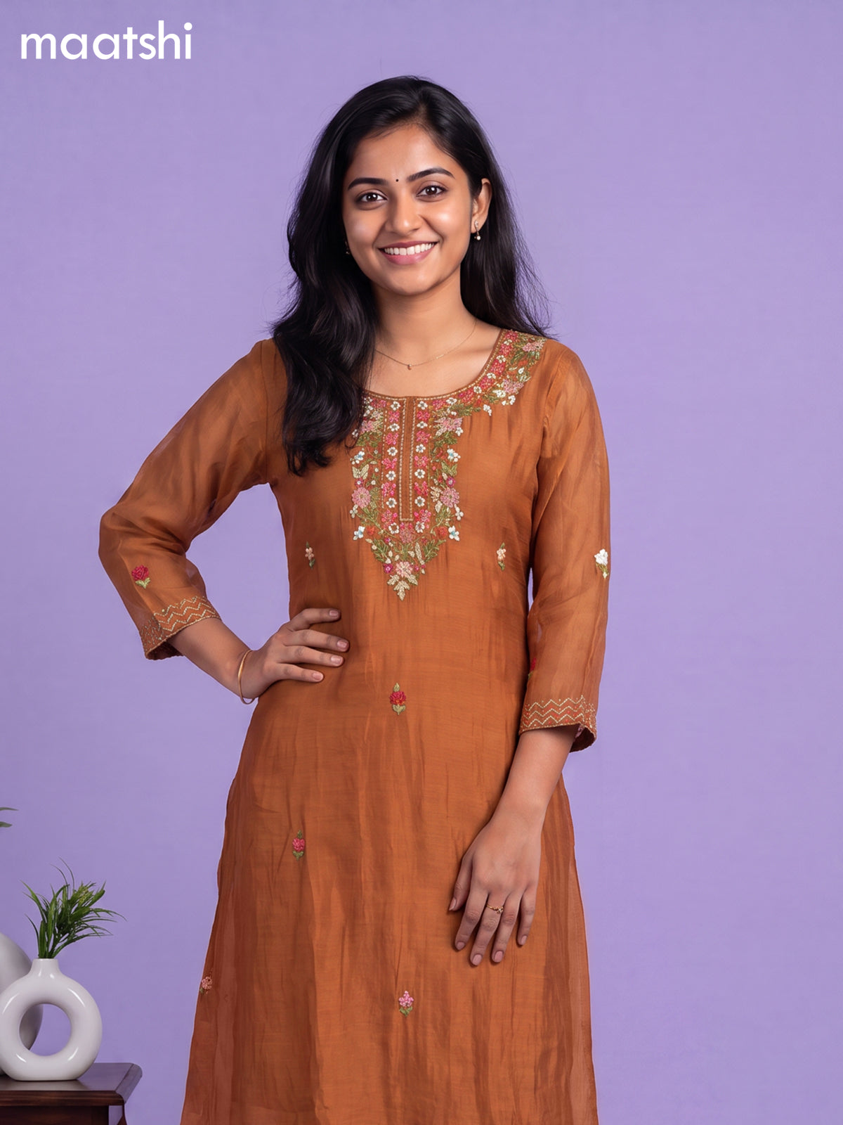 Brown Mul Chanderi Embroidery Work A-Line Suit