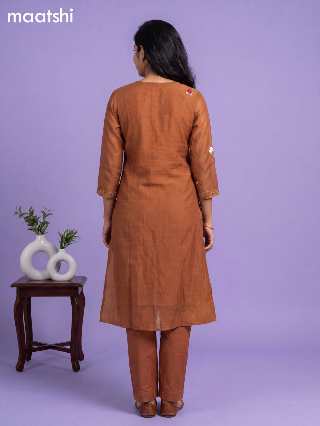 Brown Mul Chanderi Embroidery Work A-Line Suit