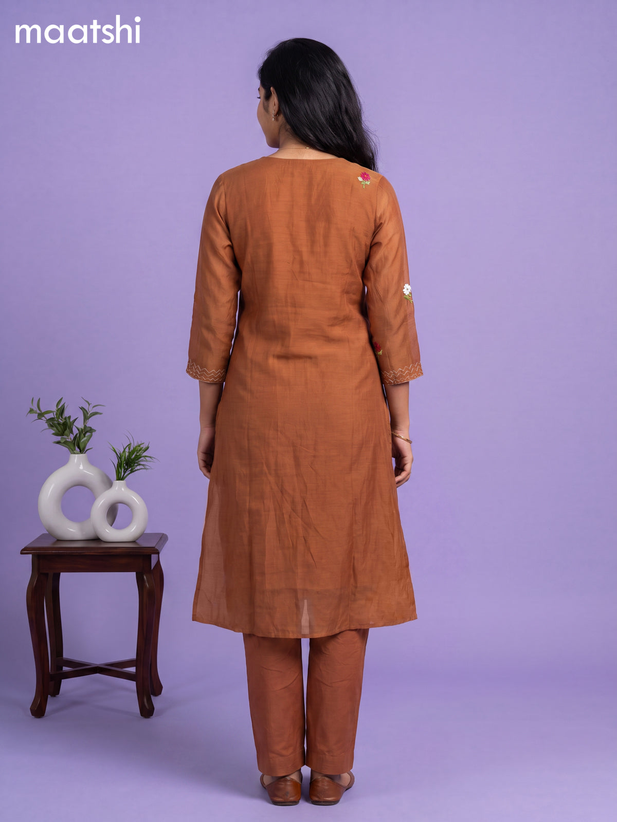 Brown Mul Chanderi Embroidery Work A-Line Suit
