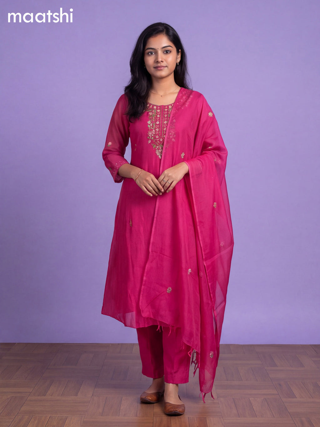 Magenta Pink Mul Chanderi Embroidery Work A-Line Suit