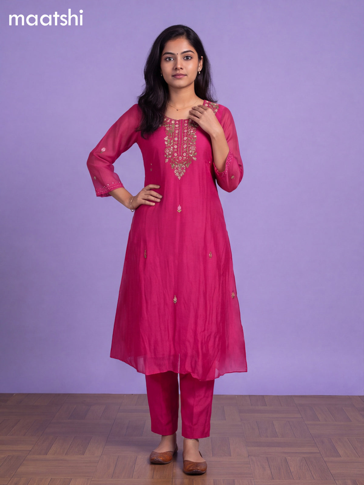 Magenta Pink Mul Chanderi Embroidery Work A-Line Suit