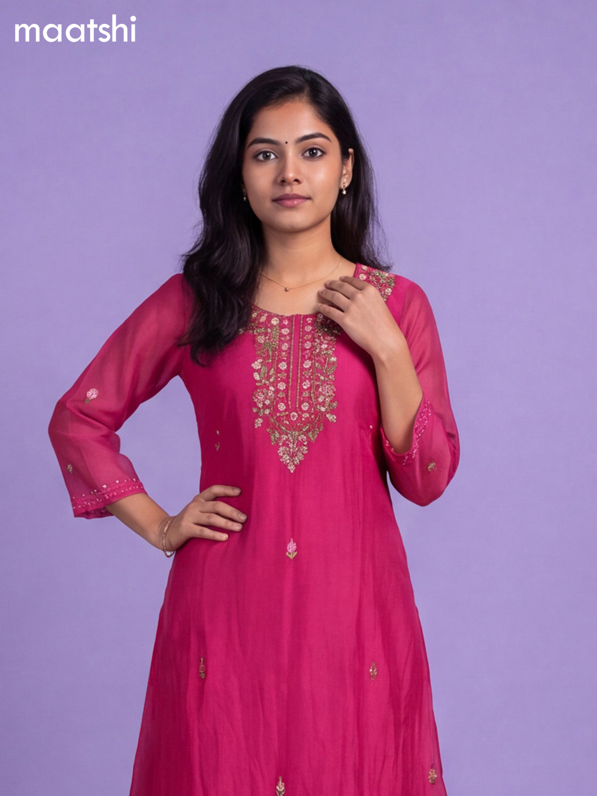 Magenta Pink Mul Chanderi Embroidery Work A-Line Suit